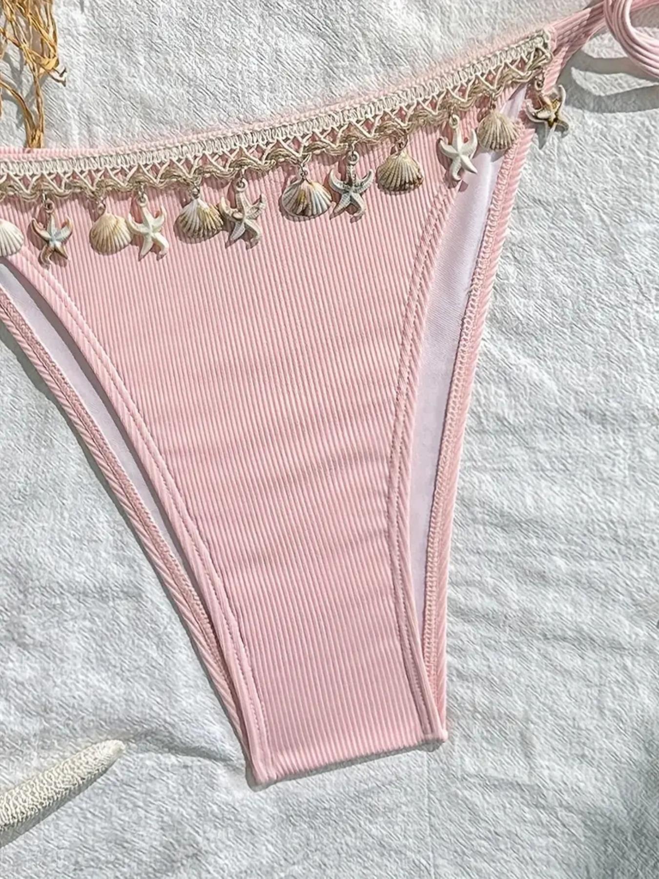 Women's Shell Beach Bikini Set, High Stretch Fabric, Includes Triangle Top and Side Tie Swim Pants, Ruched Bikini Set, Ruched Bikini Bottoms