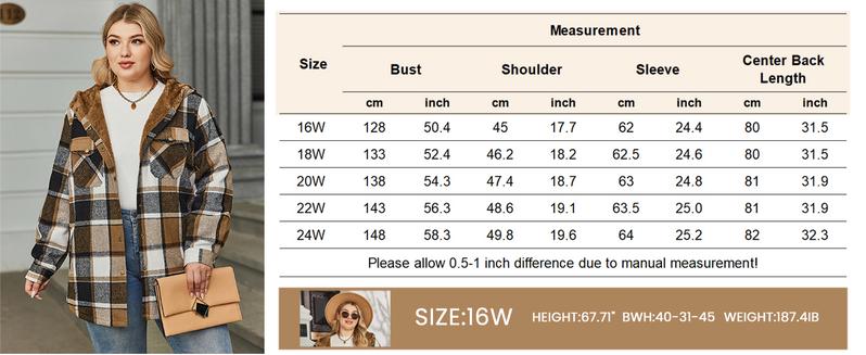 Plus Size Women Flannel Plaid Shacket Jacket Long Sleeve Button Down Fleece Hooded Jackets Fall Winter Coat