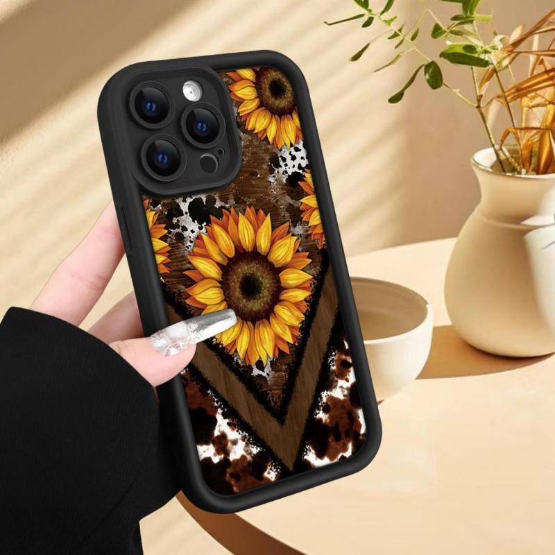 Creative - Western Leopard Print And Sunflower - for Iphone17/ 16/15/14/13/12/11 XS XR X Plus Pro Max - Black TPU Soft Case, Phone Accessories, Accessories Durable Protection