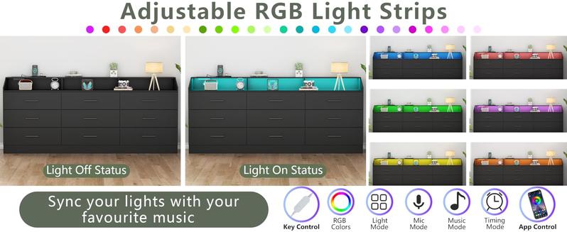 9 Drawers Dresser for Bedroom with Power Outlet and LED Light, Modern Dresser with Open Storage Cubby, Double Wide Dresser Organizer for Living Room cicada  drawer bedroom dresser nursery  dresser living room drawer  Cabinet