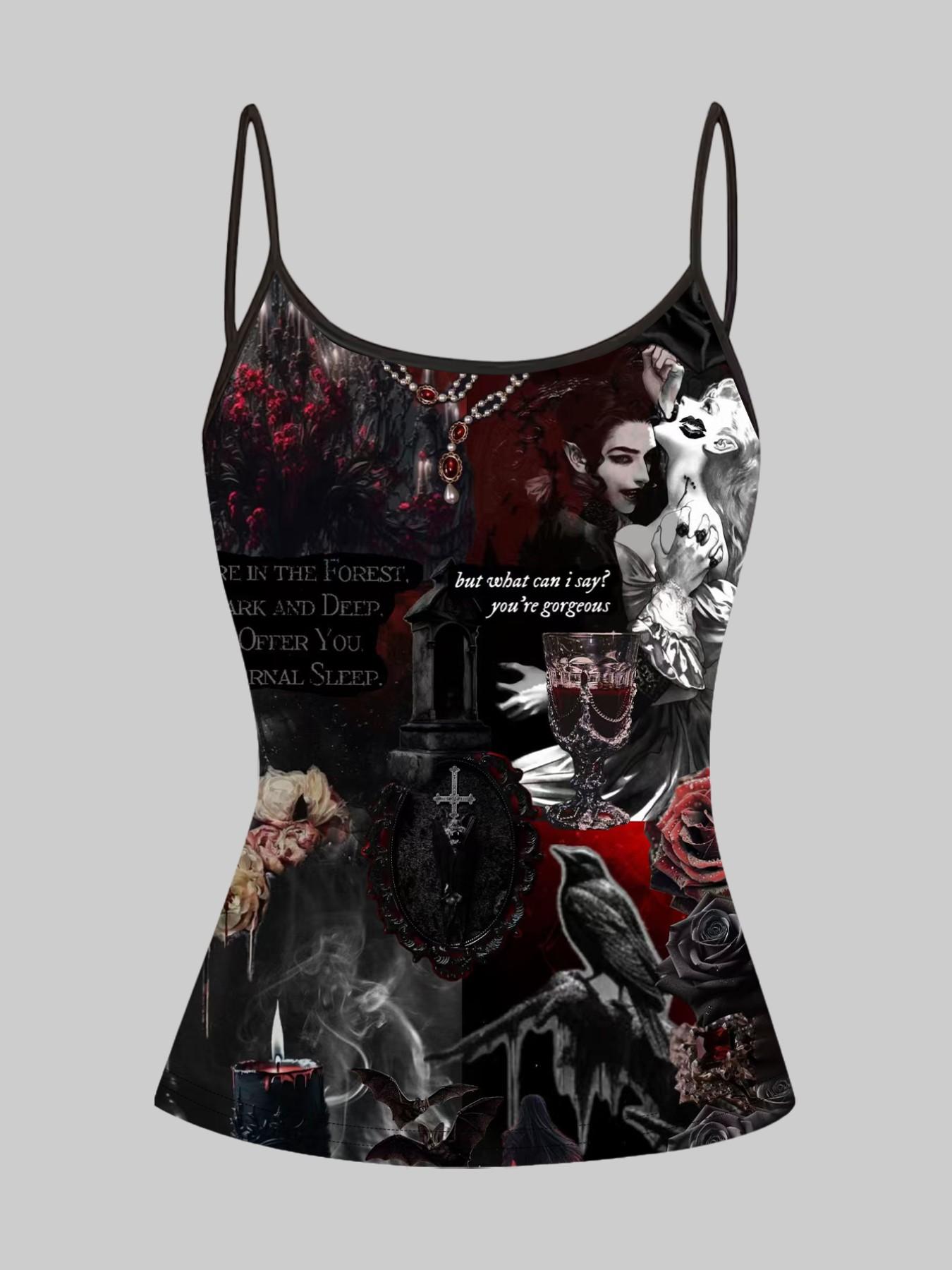 Gothic Dark Vampire Skull Print Straps, Summer Home Sleepwear Outer Wear, Unique Slim-Fit Top Set of Four Pieces