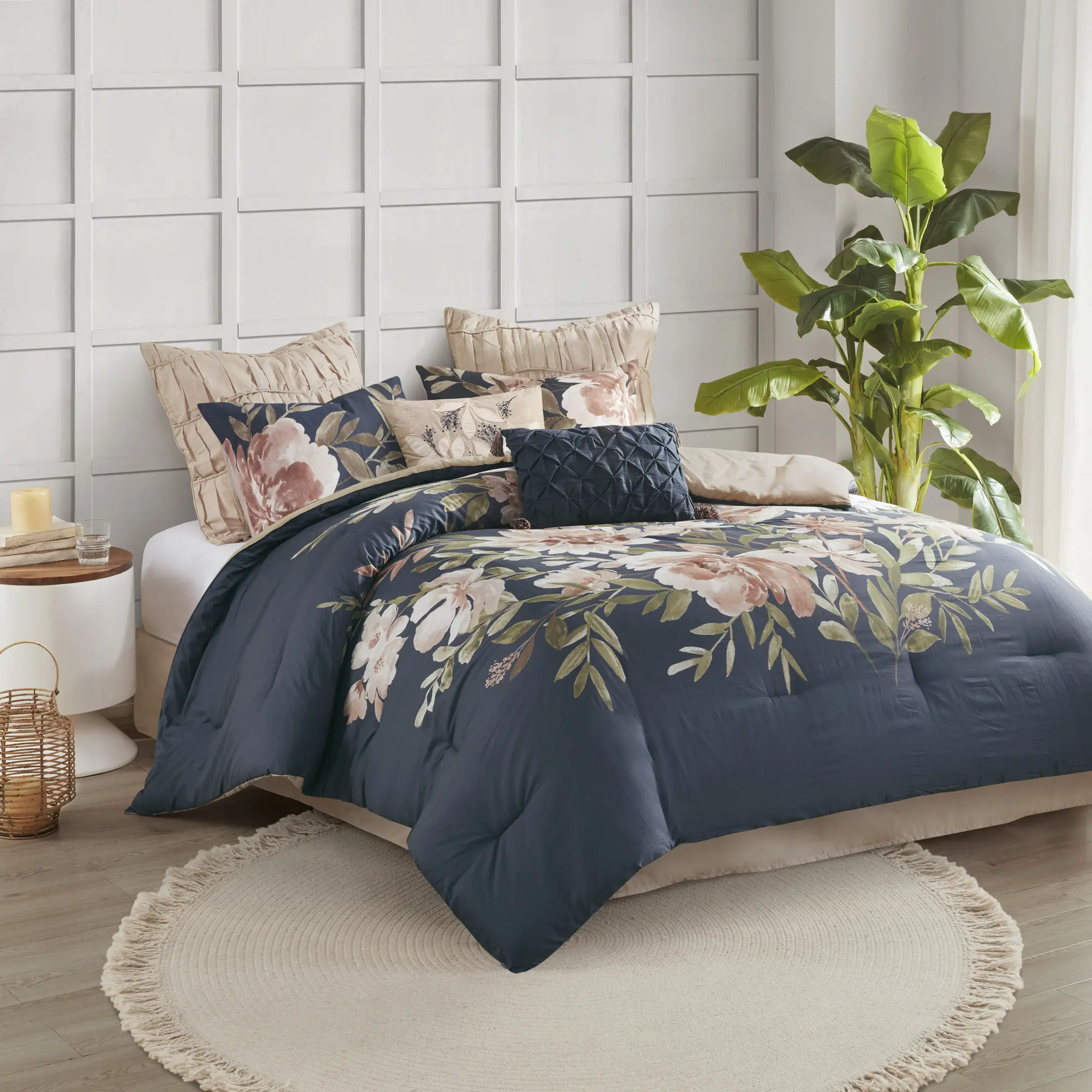 Nokaa 8 Piece Queen Comforter Set Navy – Shabby Chic Floral Bedding with Embroidered Pillows, Hypoallergenic Polyester, Oeko-Tex Certified, Machine Washable