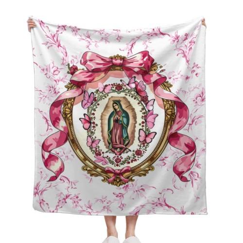 Our Lady of Guadalupe Pink Bow Floral Butterfly Religious Flannel Throw Blanket Catholic Virgin Mary Ornate Frame Faith Home Decor 30*40in 40*50in 50*60in 60*80in US Local Shipping multifunctional couch bed living room Custom Coloring 3D cooling blankets