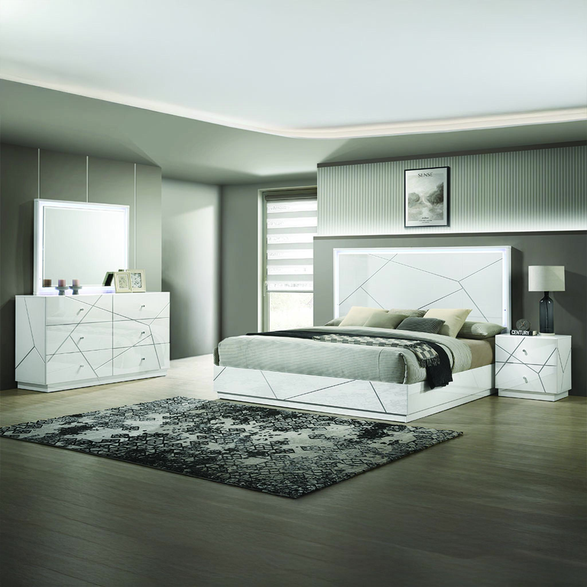 Nokaa Queen 4-Piece Bedroom Set with LED Lighting, White Lacquer Finish, Wood Frame, Includes Bed, Dresser, Mirror, Nightstand, Geometric Accents, Box Spring Required, for Bedroom, Modern Style