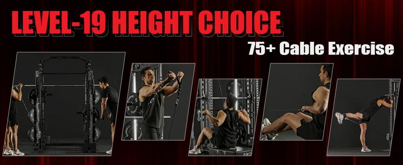 Smith Machine, Power Cage with Functional Trainer and Vertical Leg Press Attachment, All-in-one Power Rack Squat Rack for Home Gym Lat Pulldown System Strength Training Equipment Push Up Stand