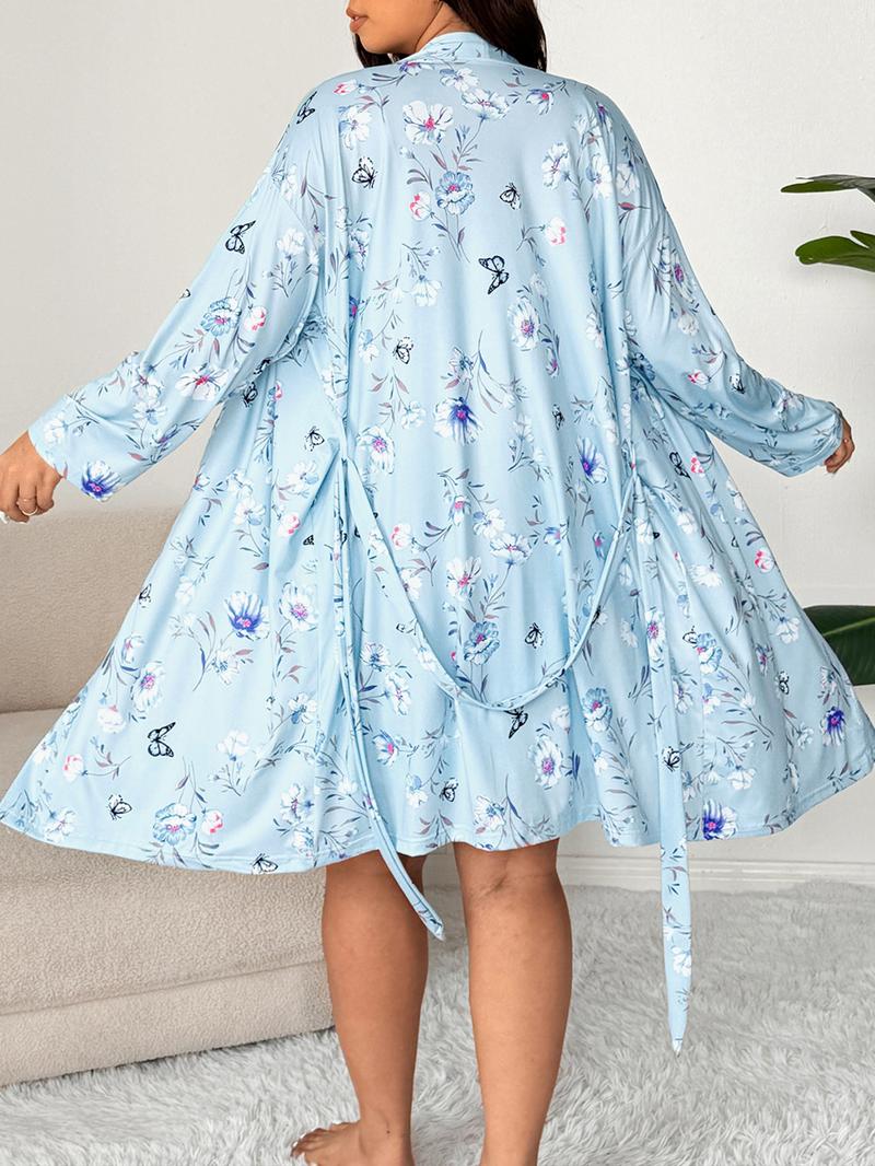 【Plus Size】 Floral Print Cami Dress & Belted Robe Two-piece Set, Casual Soft Comfortable Pyjama Set for Women, Women's Sleepwear for Spring & Fall