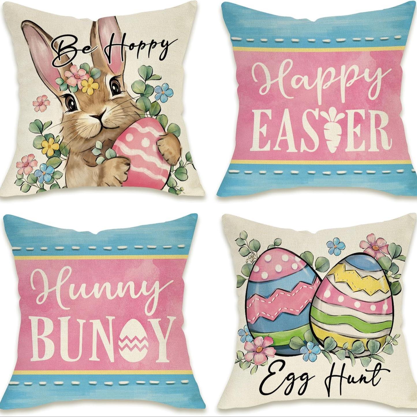 Easter Themed Cushion Cover, 4 Counts/set Rabbit & Egg Pattern Cushion Cover without Filler, Home Decor for Living Room Bedroom, Holiday Themed, Hunny Bunny, Egg Hunt