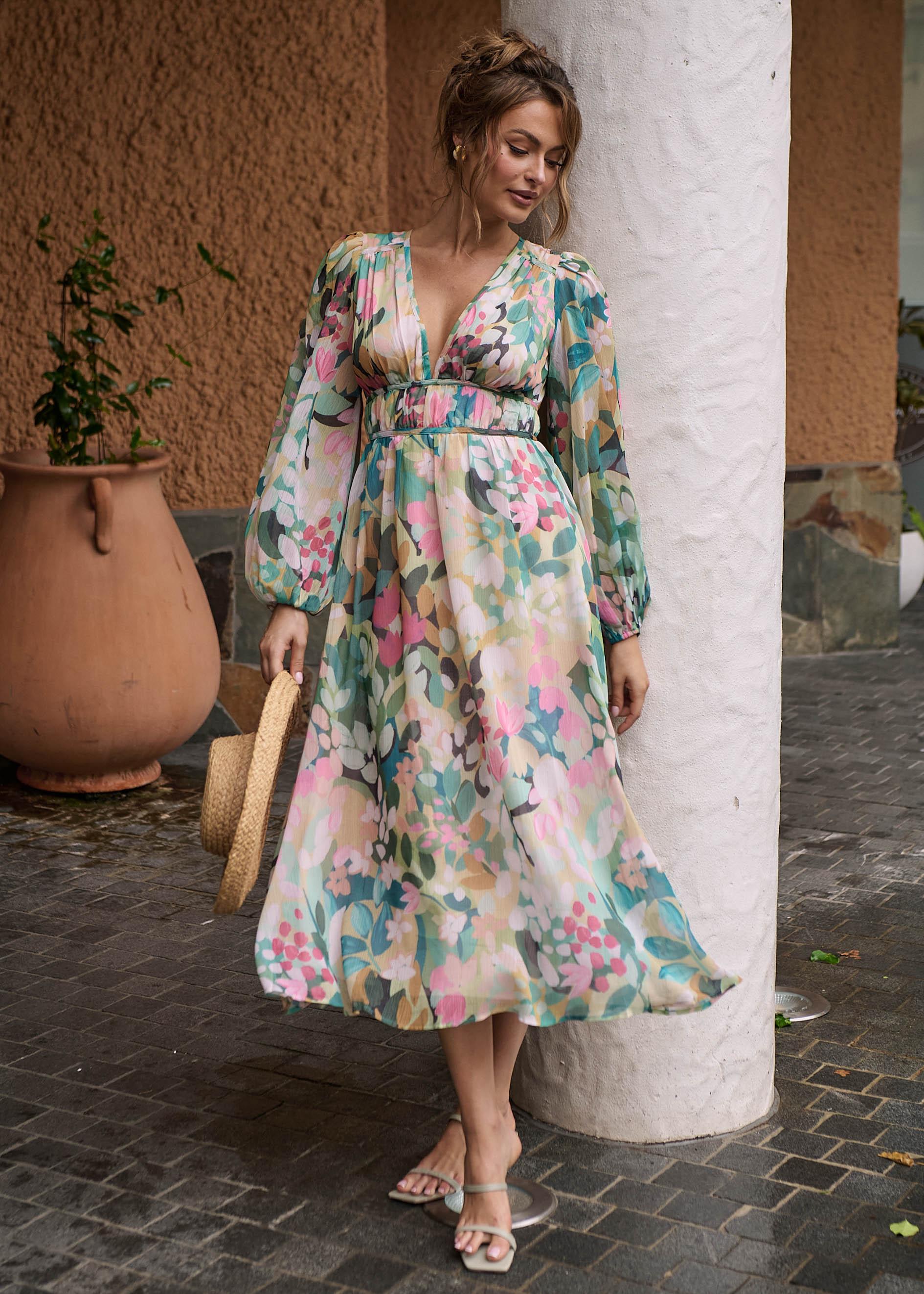 low cut white mini dress Ariarne Puff Sleeve Cut-Out Waist Color:Mirage Ditsy and Mirage Vine White fb-gift-shop-catalog Bridesmaid Dresses Navy And Effortless decadence