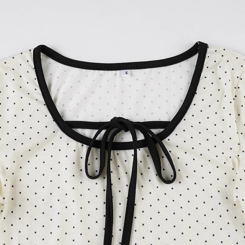 Women's Y2K Style Polka Dot Colorblock Slim-Fit Long Sleeve T-Shirt, Sweet Ruffle Hem Top for Fall Season, Casual Fashion Clothing, Casual Classy Top