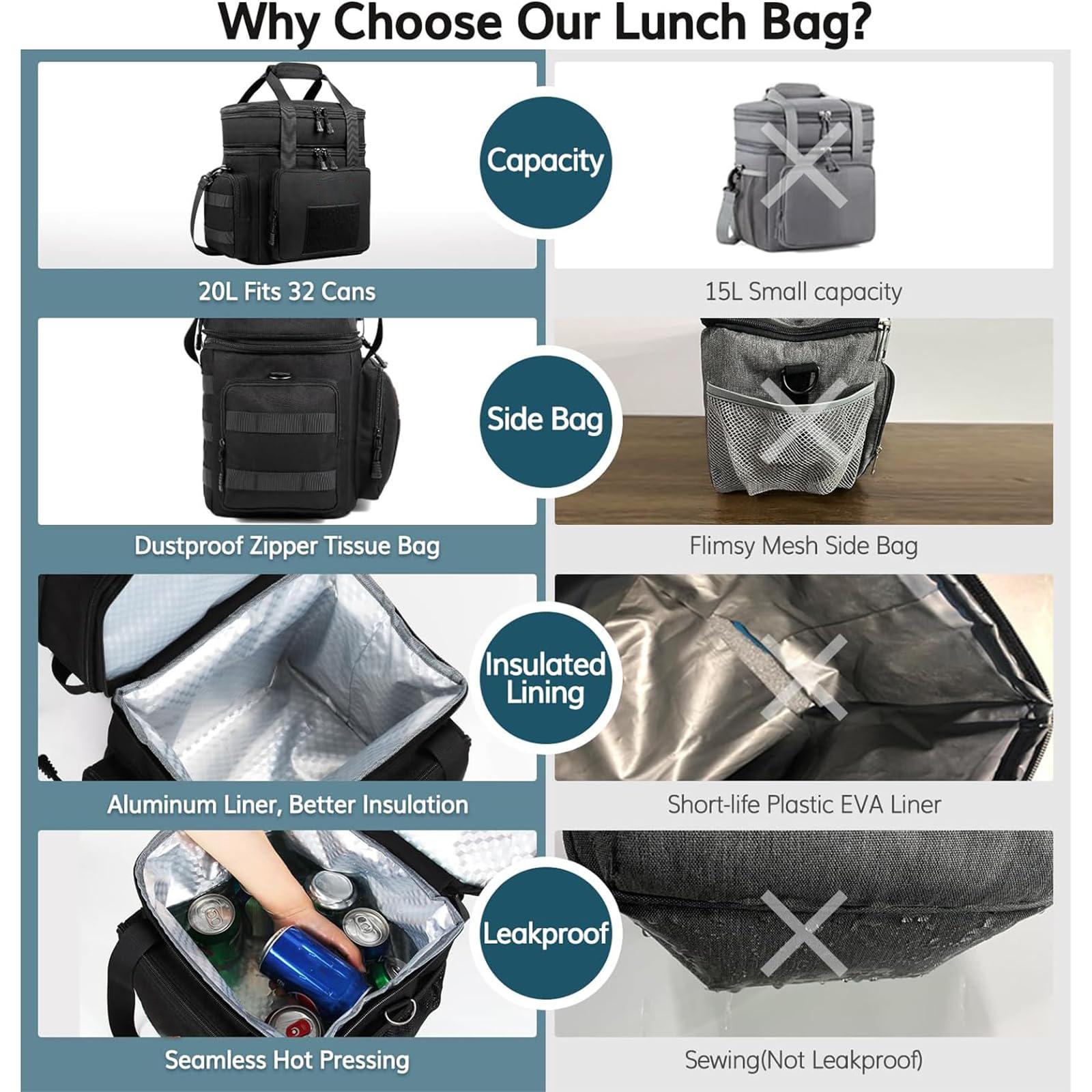 HSHRISH LB10. Expandable Double-Deck Lunch Bag, Suitable for Work, School Picnics, Beach Lunch Bags for Men and Women, Reusable Portable Lunch Box With Side Pockets, One Shoulder Portable Lunch Bag Waterproof and Leak proof Insulated Lunch Bag  Cooler