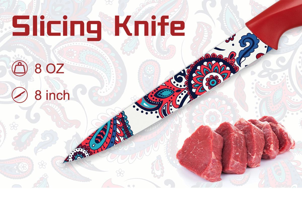 Astercook 6-Piece Color Knife Set, Paisley Pattern, Rust-Resistant Stainless Steel Knives, 6 Blade Guards, Dishwasher Safe. Utensils Kitchenware