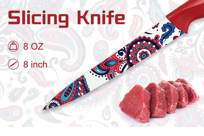 Astercook 6-Piece Color Knife Set, Paisley Pattern, Rust-Resistant Stainless Steel Knives, 6 Blade Guards, Dishwasher Safe. Utensils Kitchenware