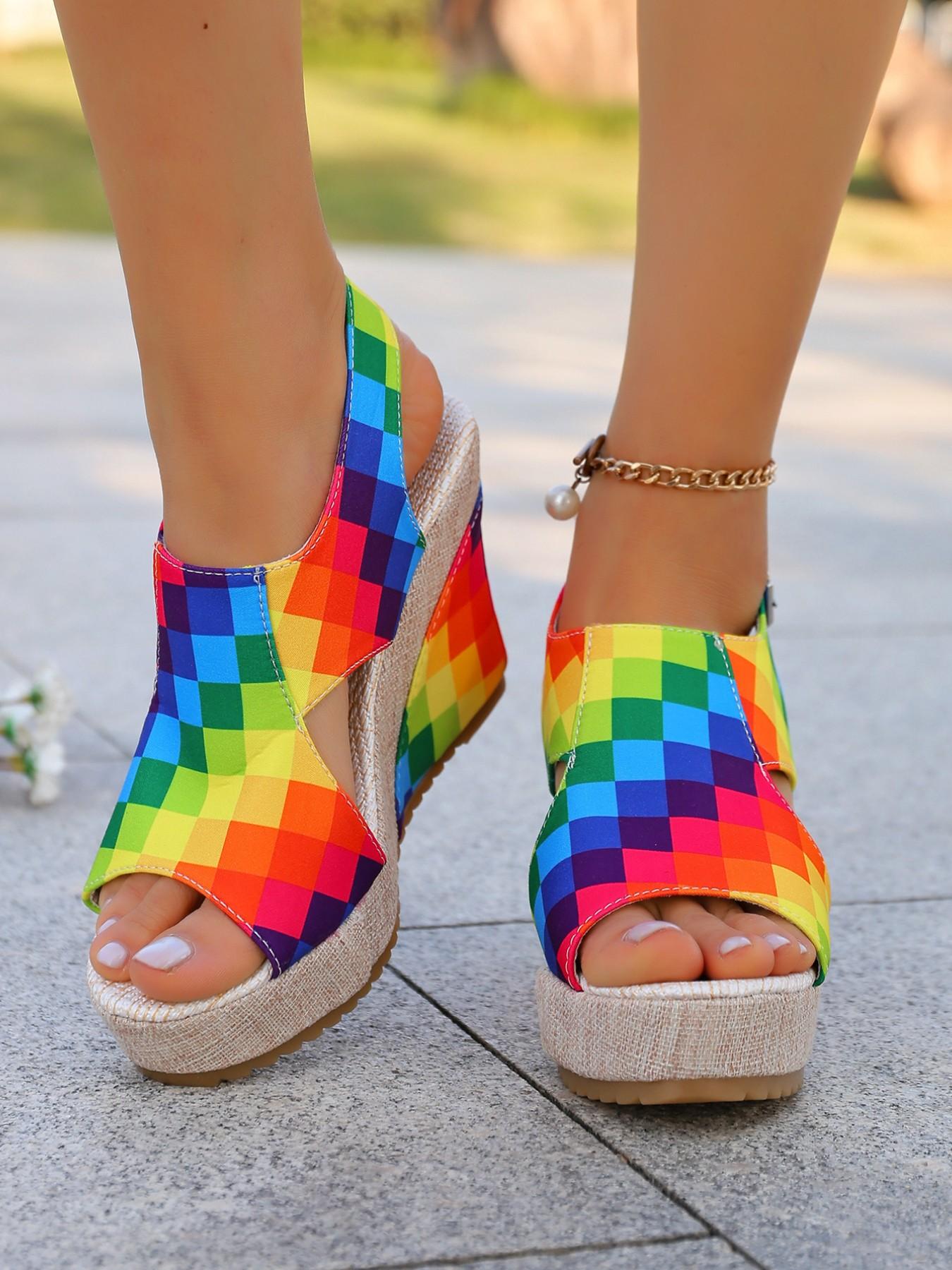 Women's Boho Rainbow Wedge Sandals, Adjustable Back Strap, Thick Sole, Anti-Slip, Comfortable, Multi-Color, Beach Vacation Shoes
