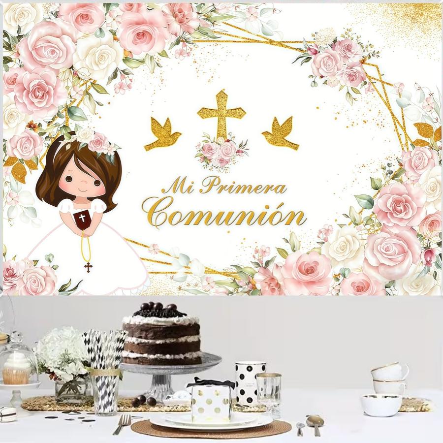 Spanish First Communion Background Banner, Bohemian Baptism Party Decor, Flowers, Polyester, Indoor Outdoor Birthday Party Decoration