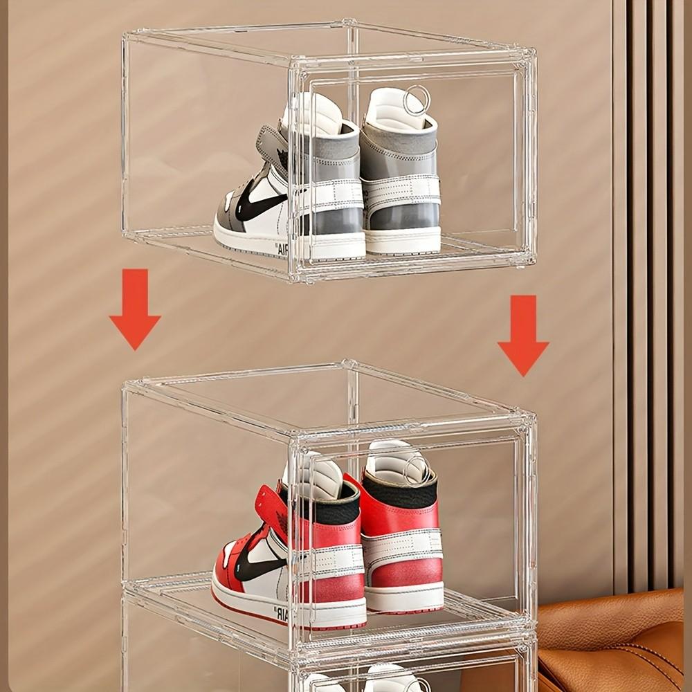 Clear Shoe Storage Box, 1 Count Magnetic Door Shoe Organizer, Stackable Shoe Rack, Space Saving Shoe Storage Box for Home Living Room Bedroom, Clear Plastic Drawers