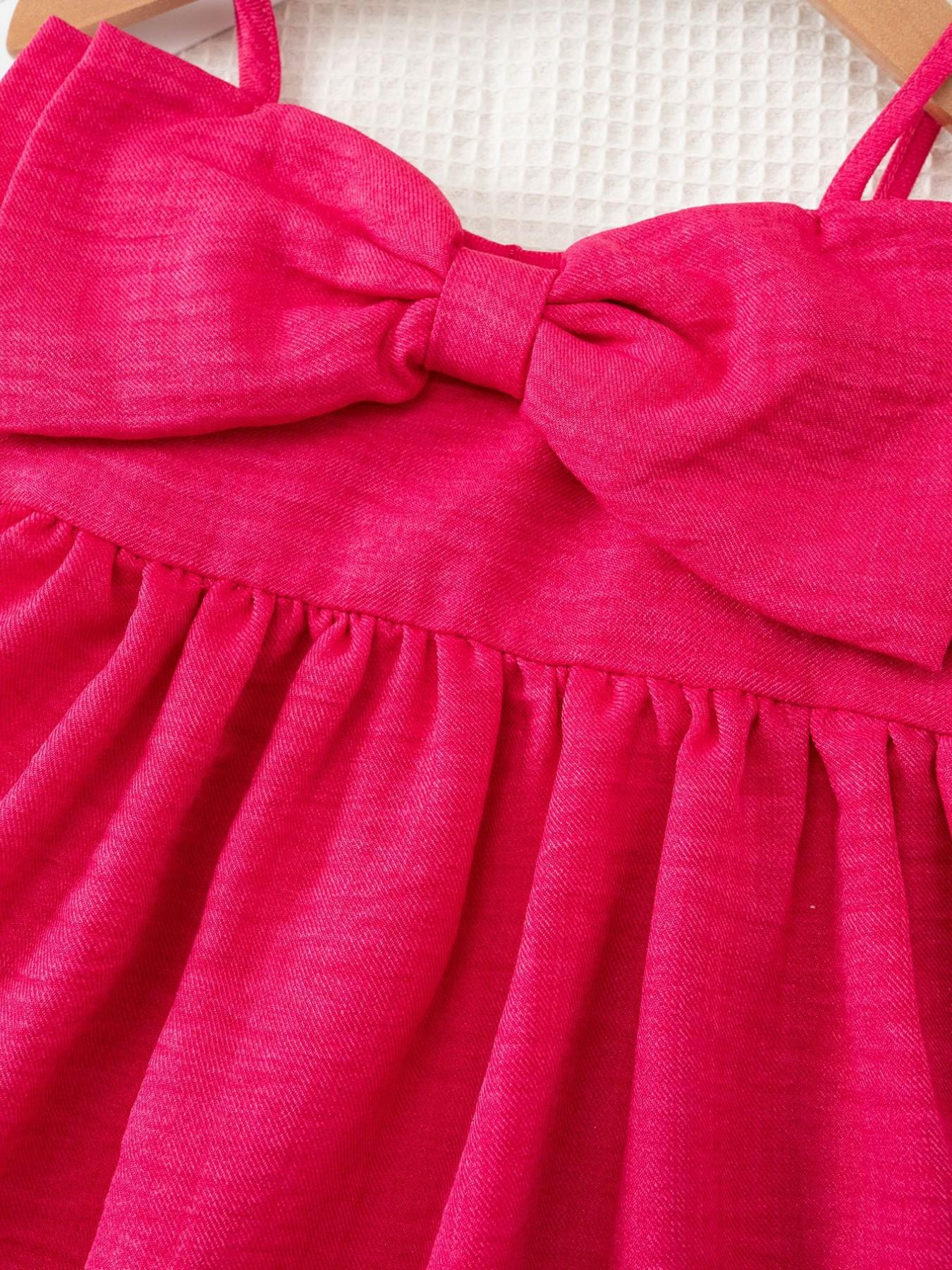 Girls' Summer Sleeveless Dress, Front Embellished with Large Butterfly Knot, Thin Shoulder Straps Design, Sweet Fresh Style, Suitable for Ages 3-8