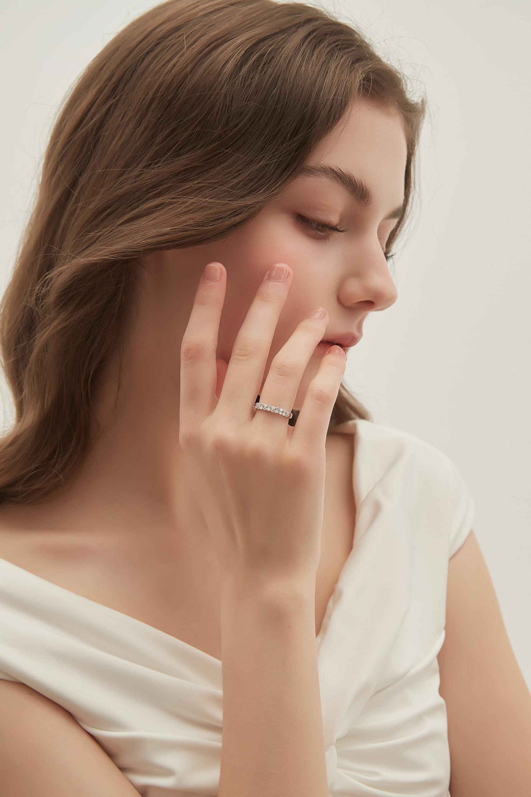 EAMTI 925 Sterling Silver Wedding Bands for Women Baguette Round Cubic Zirconia Two-Row Eternity Band Stackable Engagement Rings