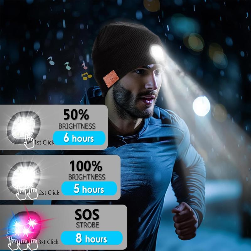 LED Hat Bluetooth Lighted Beanie,Unisex USB Rechargeable 6 LED Headlamp,Musical Knit Hat with Headphones and Built-in Speaker Mic,Unique Christmas Birthday Gifts for Men Him Husband Teen