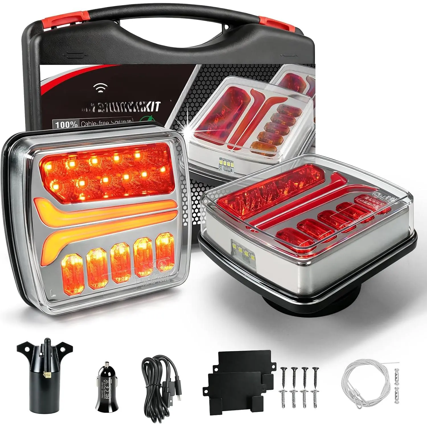 Magnetic Wireless Trailer Lights, Rechargeable LED Trailer Light for Towing Truck, Waterproof Tail Tow Lights Kit for RV Camper Boat Caravan, Portable Turn Signal Brake Running Stop