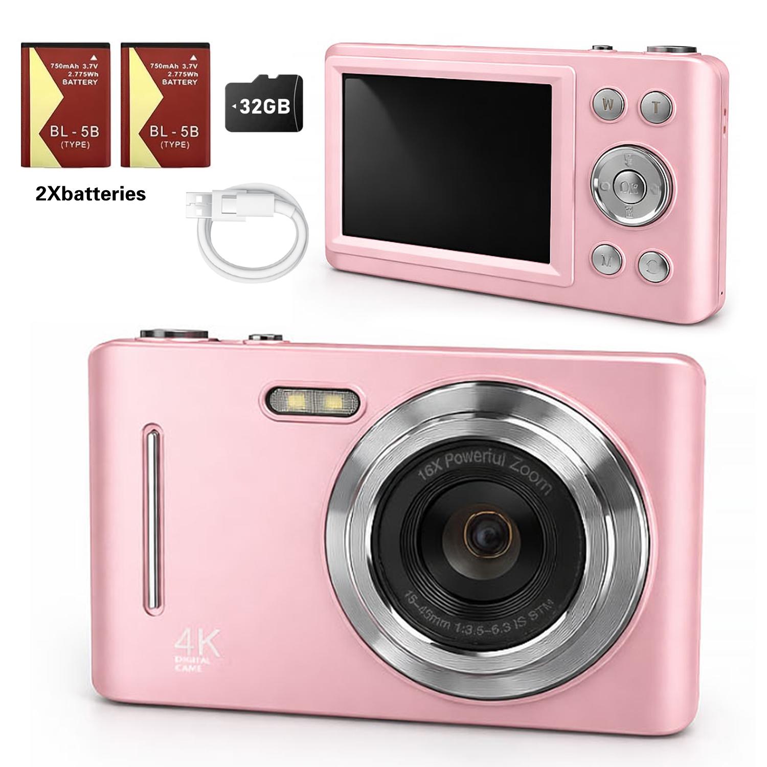 Digital Video Camera for Travel, Outdoor Photography, 1080P Lens, Auto Focus, Image Stabilization, 16x Zoom, 32GB Card, Dual Batteries