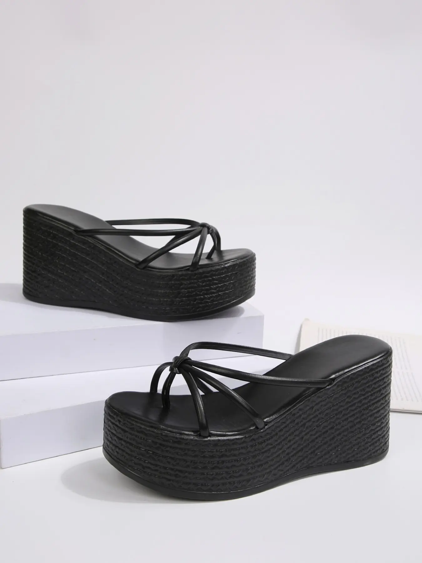 Women Thin Strap Thong Wedge Slide Sandals, Platform Slip On Open Toe Summer Flip Flops, Gold Black 2 Colors