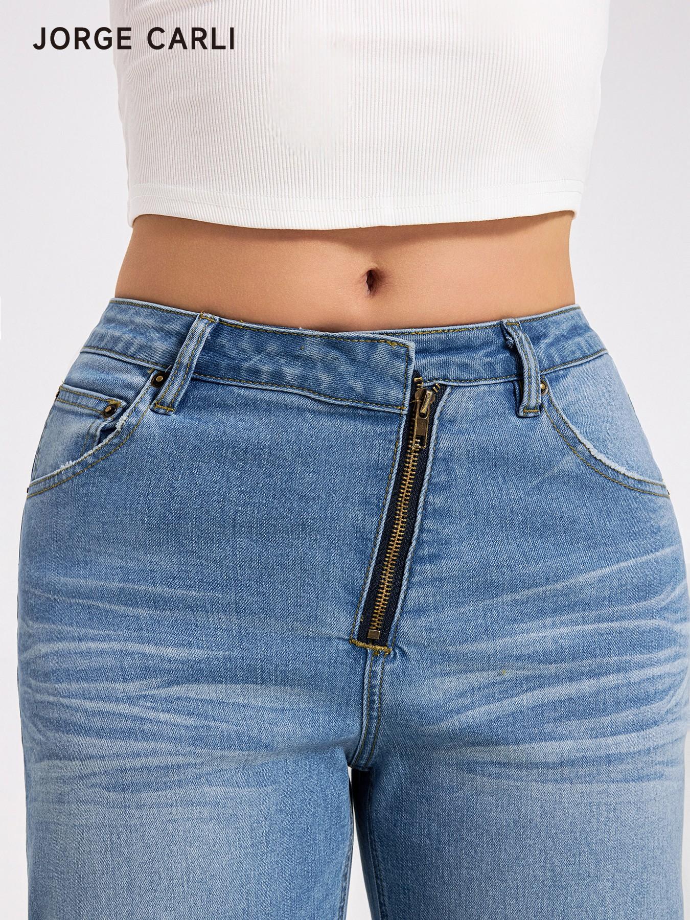 JORGE CARLI  Women's Mid-Waist Elastic Straight Leg Jeans, Front Zipper Design, Casual Office Wear, Versatile Nine-Part Wide Leg Pants