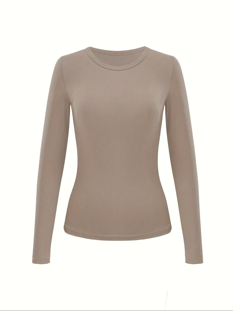 Women's Casual Slim-Fit Long Sleeve T-Shirts, 3-Pack Plain Ribbed Round Neck Tops, Medium Stretch, Perfect for Spring & Fall