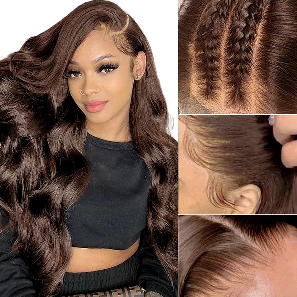 Bling Hair Chocolate Brown 13x6 Brazilian Body Wave/Straight Lace Front Human Hair Wigs 4# Colored Pre Pucked HD Lace Frontal Wigs 7x5 Glueless Wigs For Women