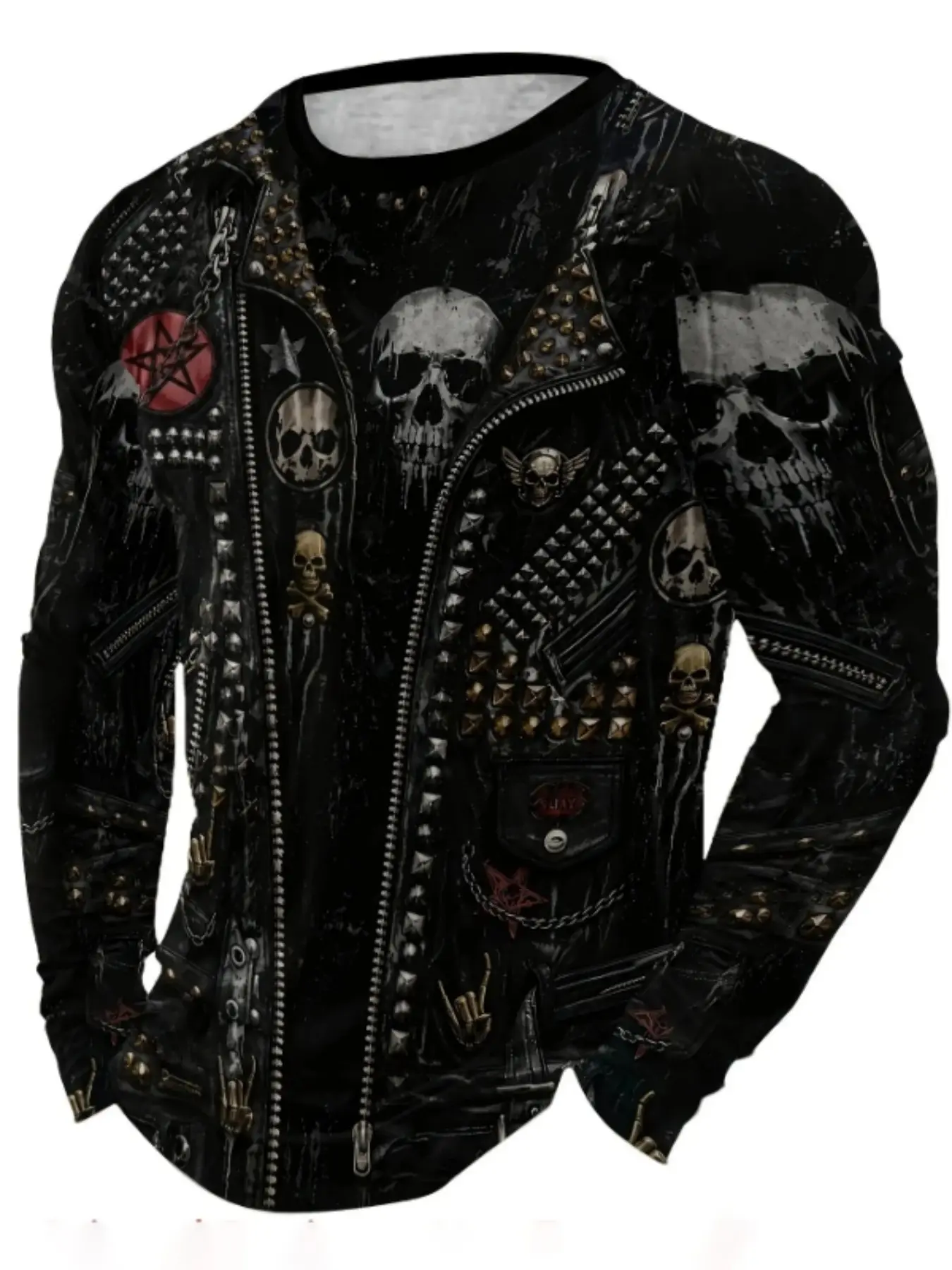 Men's Round Neck Long Sleeve T-Shirt, Graphic Menswear Top, 3D Skull Rivet Motorcycle Jacket Print, Gothic Rock Punk Style Casual Streetwear Top