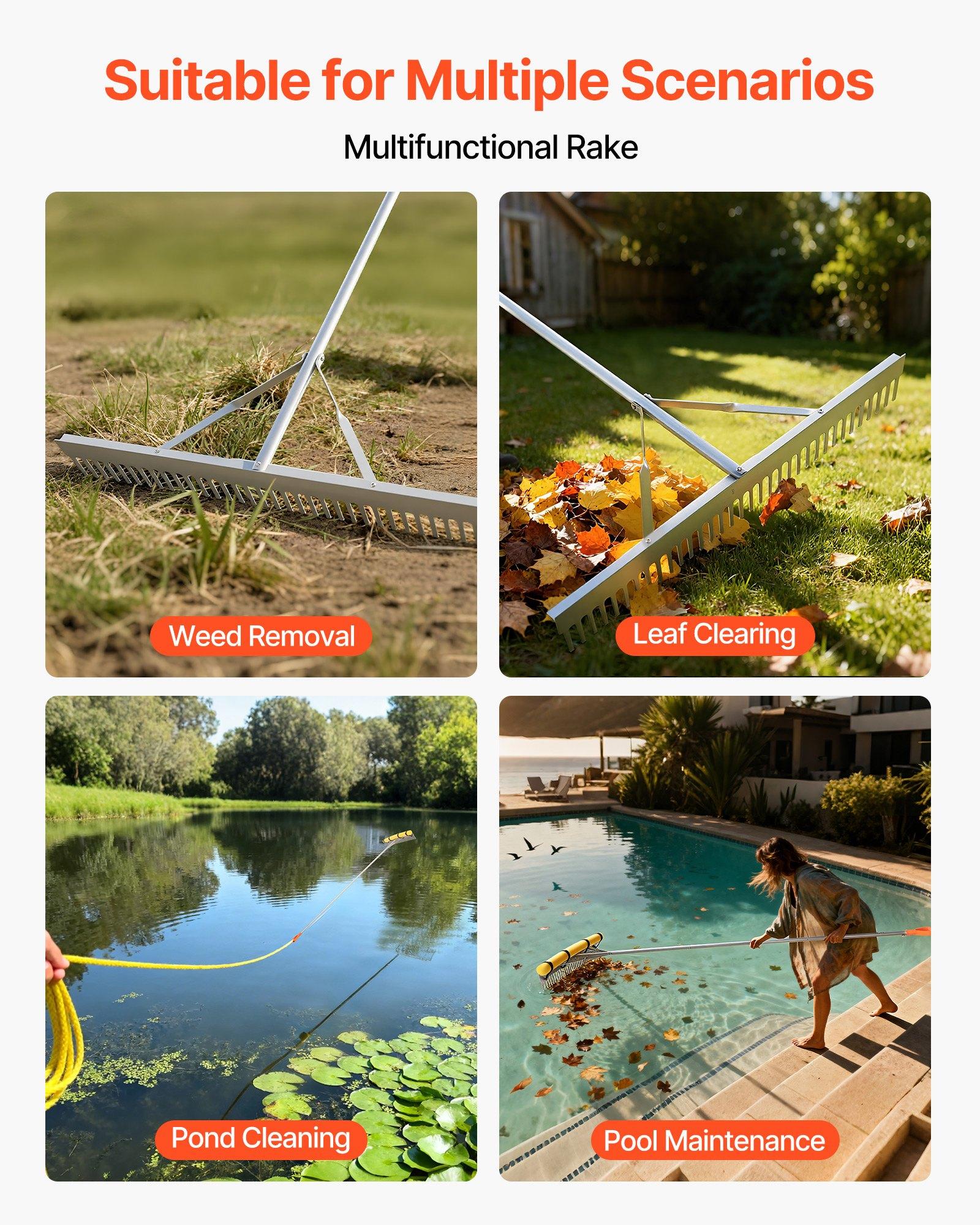 VEVOR Heavy Duty Aluminum Landscape Rake, 36 in Wide Head, 102 in Adjustable Handle Length, 52ft Rope, 5.07 lbs, 102.01x36x4.92 in Size, for Soil Loosening, Beach Care, Pond Maintenance