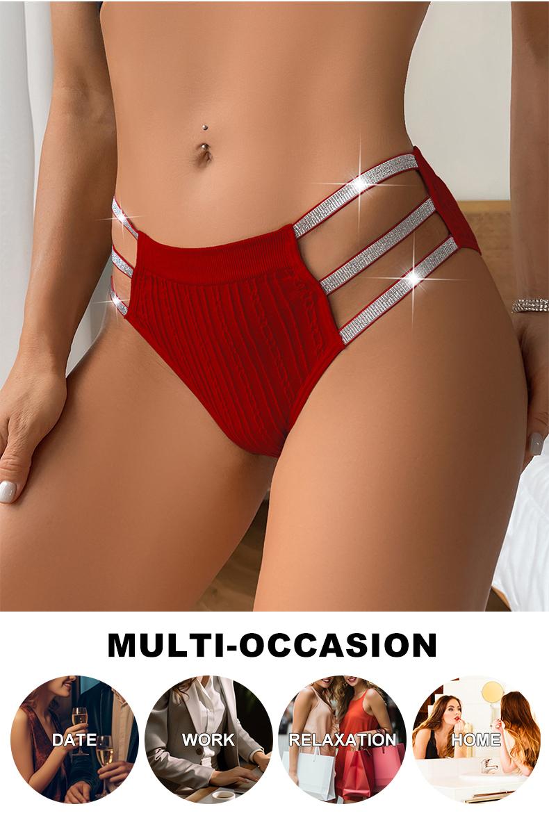 5件装女性性感低腰内裤，亮亮腰带和空心设计——5种颜色可选，柔软透气高弹性内裤，成熟优雅的日常舒适，高腰内裤 |蕾丝图案内衣 基础女装