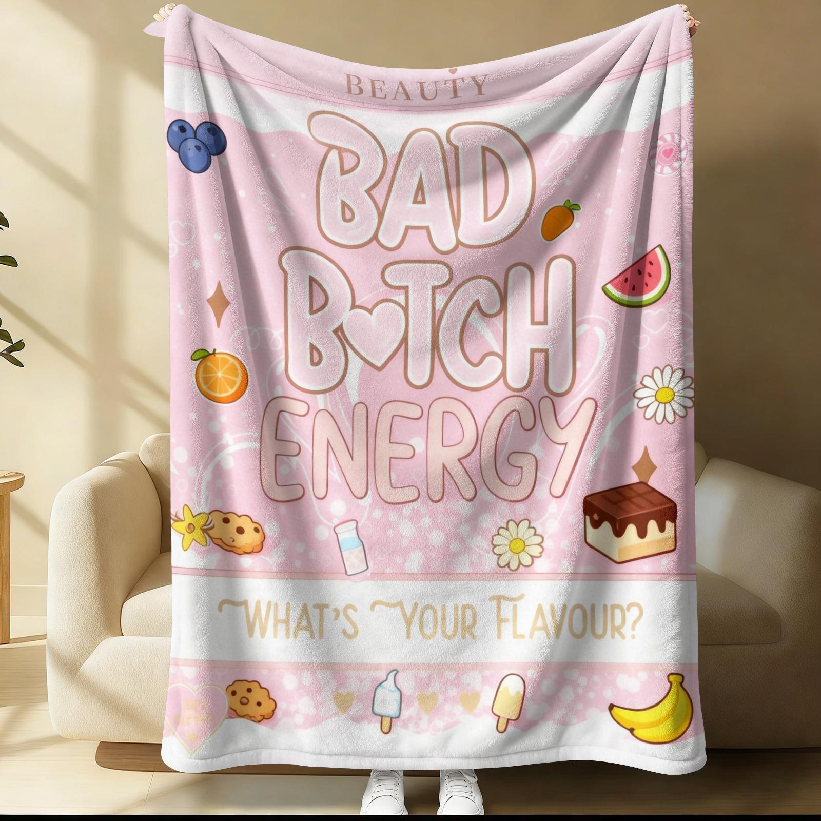Bad Bitch Energy Flannel Blanket, Y2K Coquette Funny Slogan Cherry Popsicle Throw Blanket, Ultra Soft Warm Blanket for Teen Girls Women, Cute Girly Aesthetic Gift Blanket, Cozy for Couch Bed Sofa Bedroom Dorm