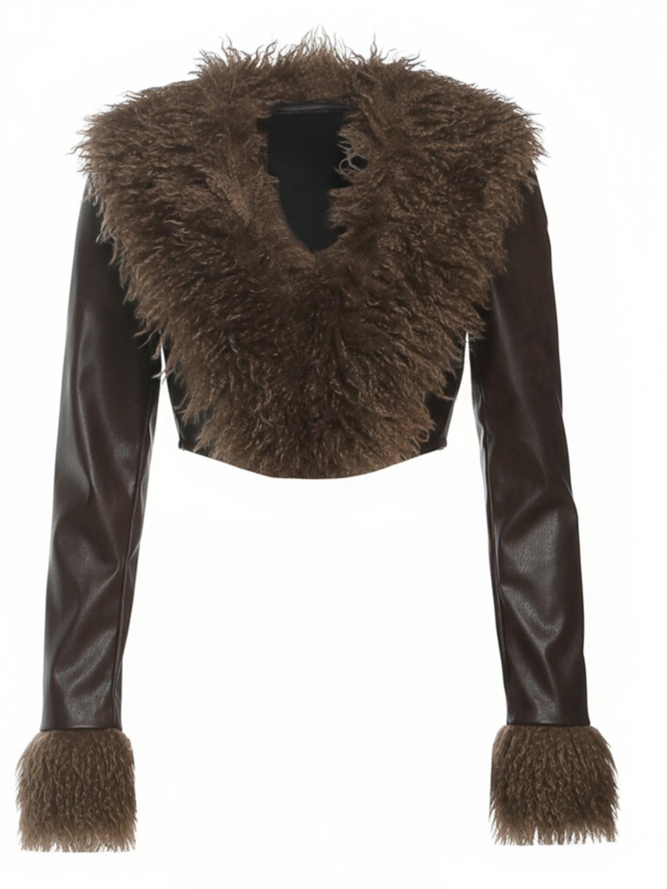 Women's Fashion Faux Fur Collar Long Sleeve V-Neck Leather Jacket, Autumn Winter New Style Slim Fit Outerwear, Trendy Tassel Fringe Patchwork Coat