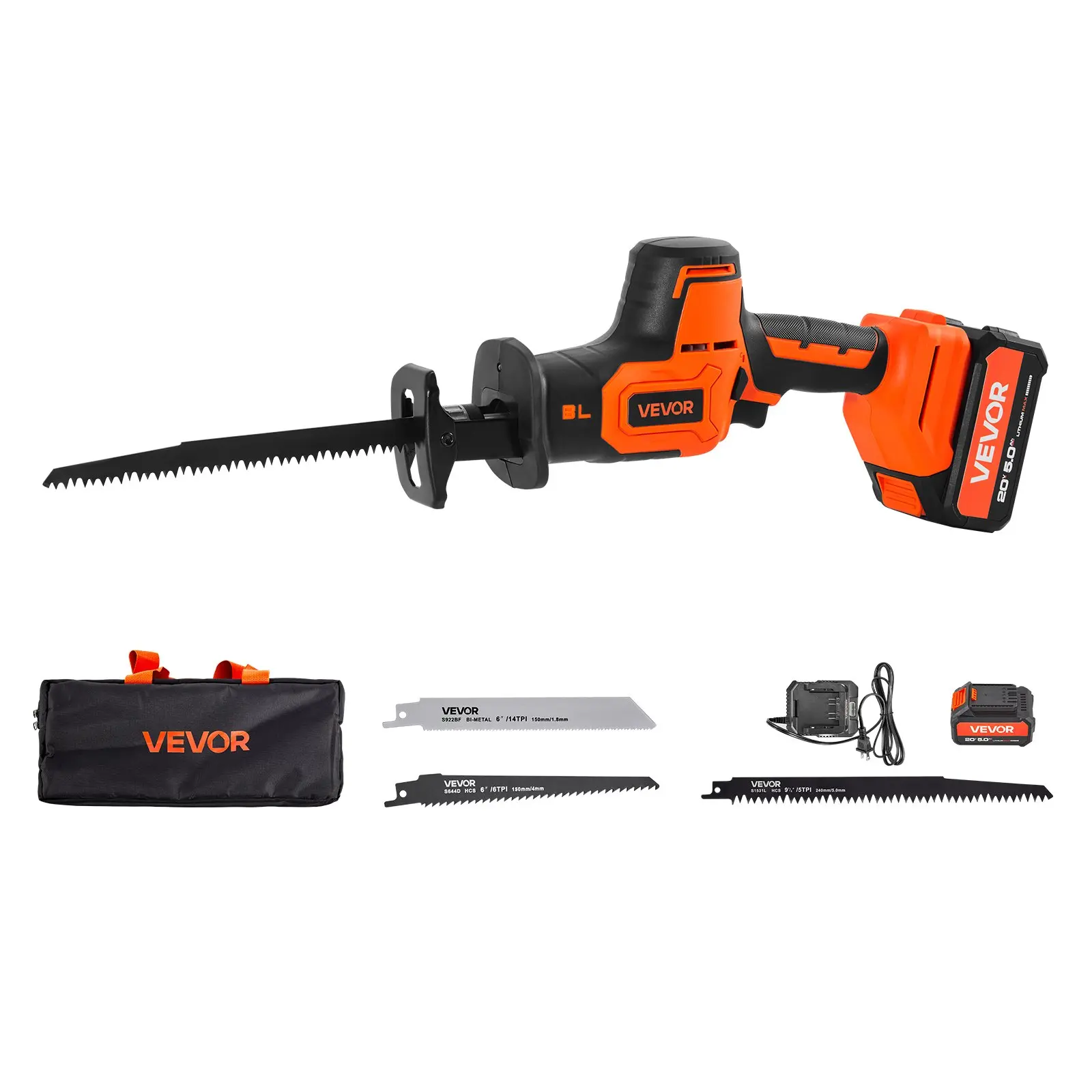 VEVOR Cordless Reciprocating Saw - 20V Power Cordless Power Tool, 3000 SPM Variable Speed, 1in Stroke Length, W/Battery, Charger, 8 Blades & Carry Bag, for Wood, Metal Cutting, Cordless Power Tools