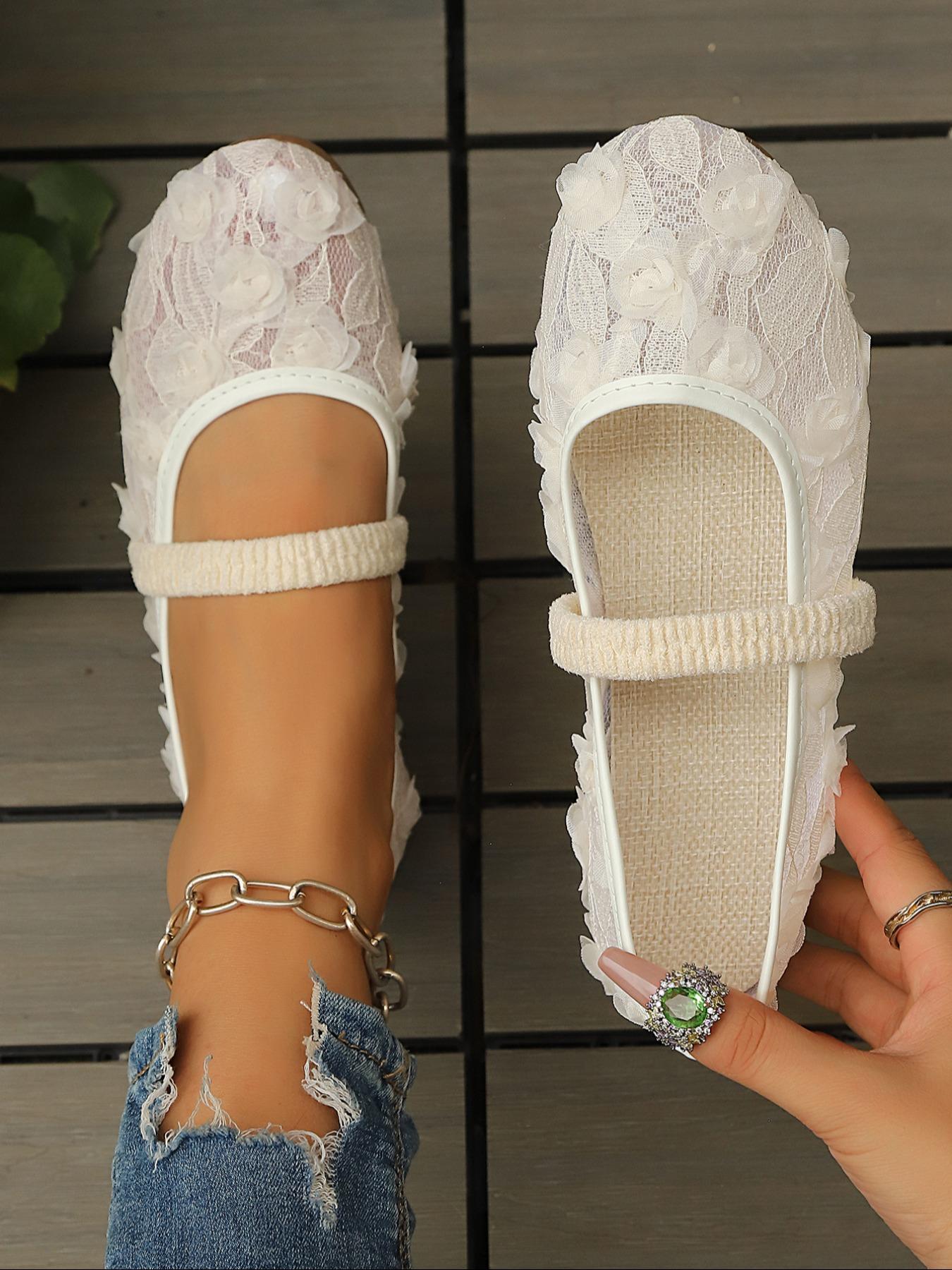 3D Floral Lace Mary Jane Single Shoe, Strap Breathable Mesh Flat Fairy Shoe, Casual Formal Shoes, All Seasons, Rubber Sole