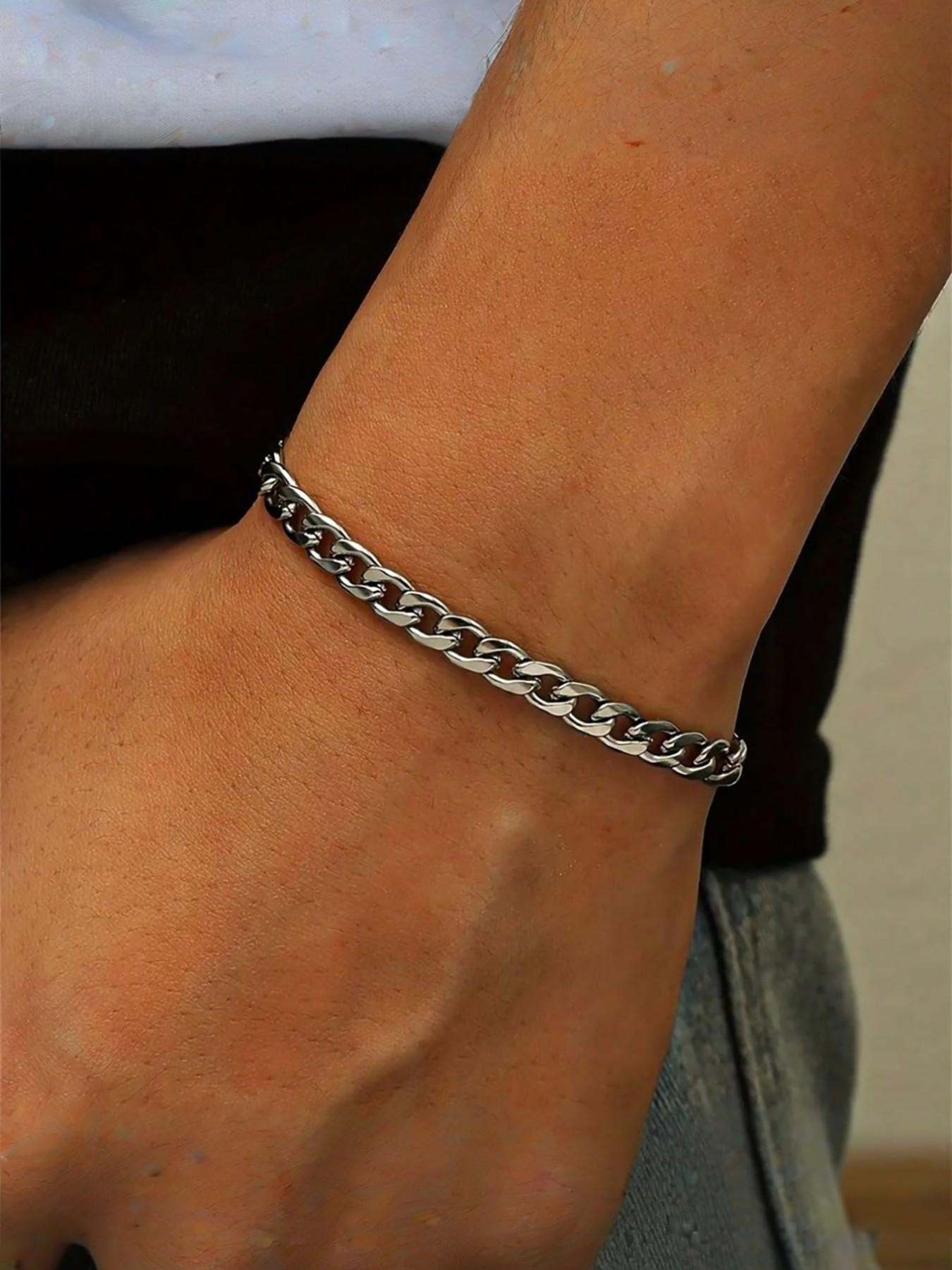 Men's Stainless Steel Cuban Chain Bracelet, Casual Street Party Jewelry, Unique Patchwork Design, All Seasons Accessory
