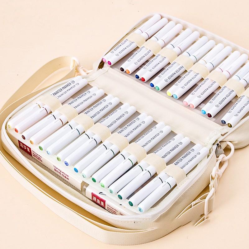 Mark Pen Storage Bag, Multi-Layer Organizer, Large Capacity Holds Up to 64 Mark Pens, Transparent Zippered Pouch with Shoulder Strap