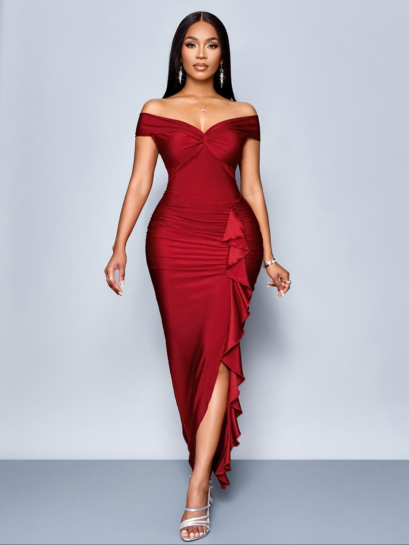 Women's Elegant Off-Shoulder Bodycon Dress, Ruched Details, High Slit, Asymmetrical Hem, Suitable for All Seasons