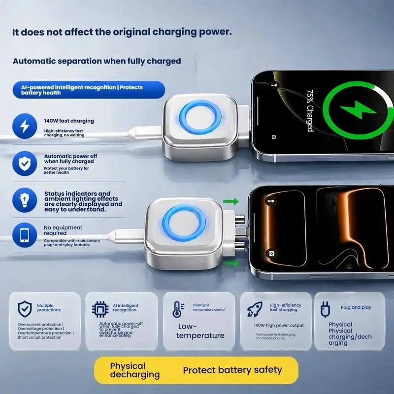 Intelligent automatic stop charging adapter, 140W USB-C PD Fast Charger automatic disconnection charger, equipped with a charging completion pop-out device, intelligent power-off protector, safe overnight charging, compatible with various Type-C devices
