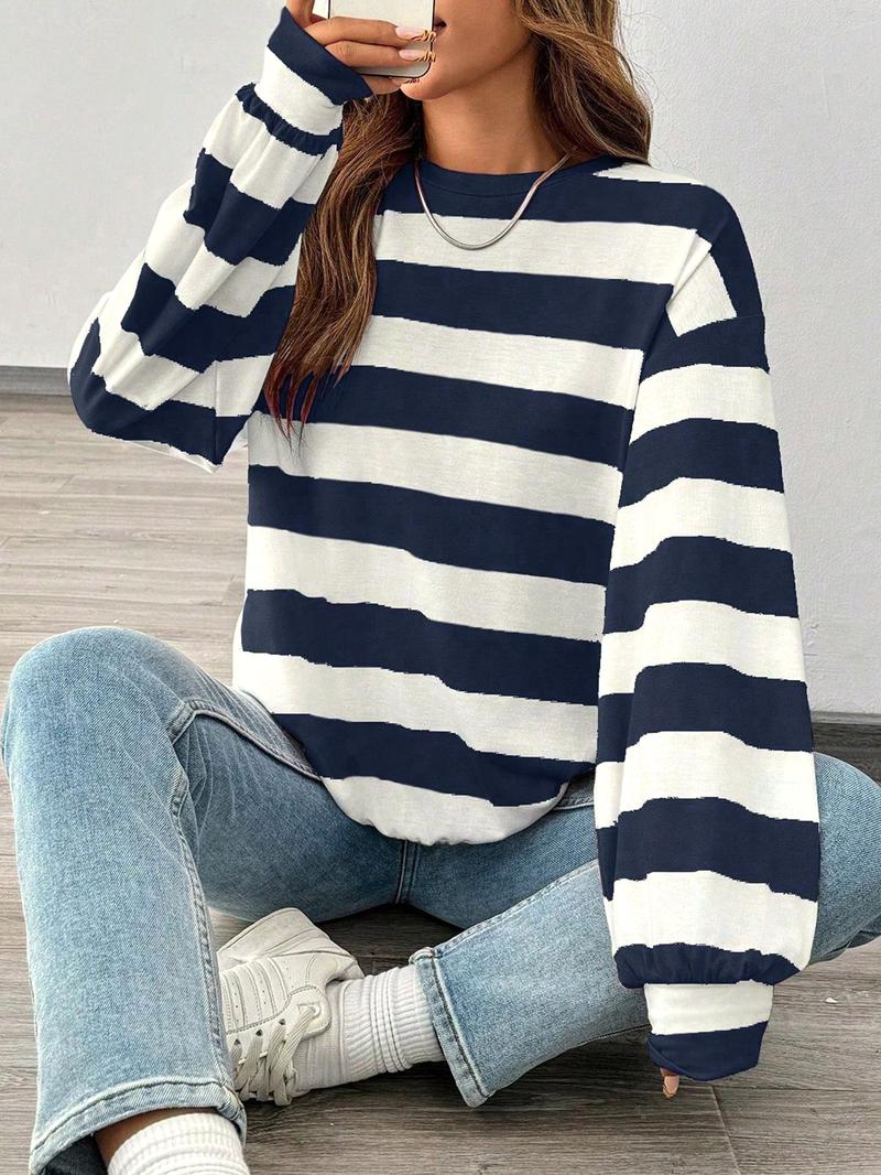 Women's Loose-Fit Striped Round Neck T-Shirt, Casual Comfort Top for Fall & Winter