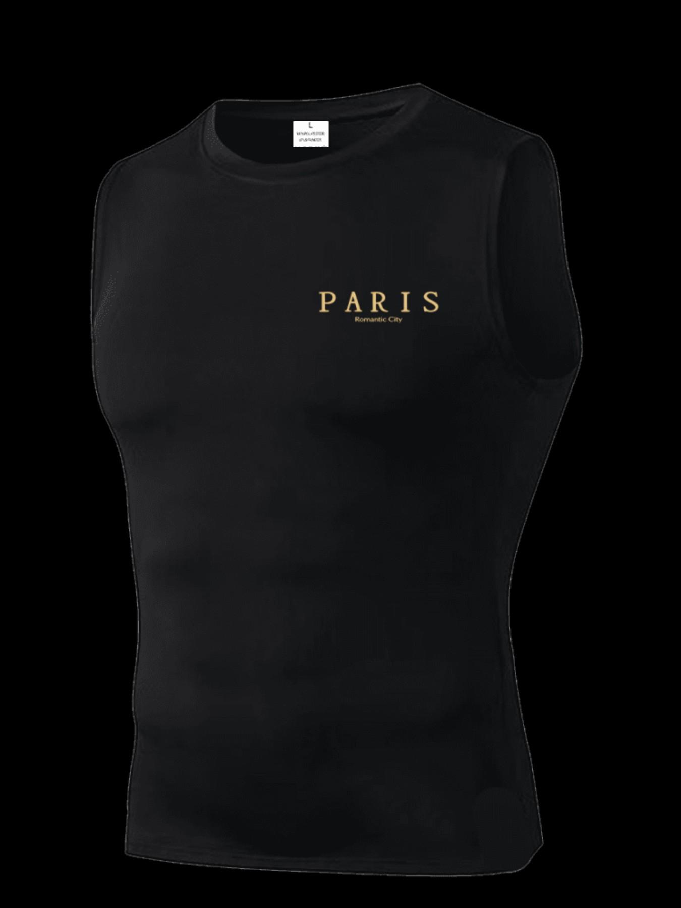 Men's Short Sleeve Sporty Tee, Quick-Dry Breathable Fabric, Paris Print, Ideal for Gym, Running, Boxing, Outdoor Activities