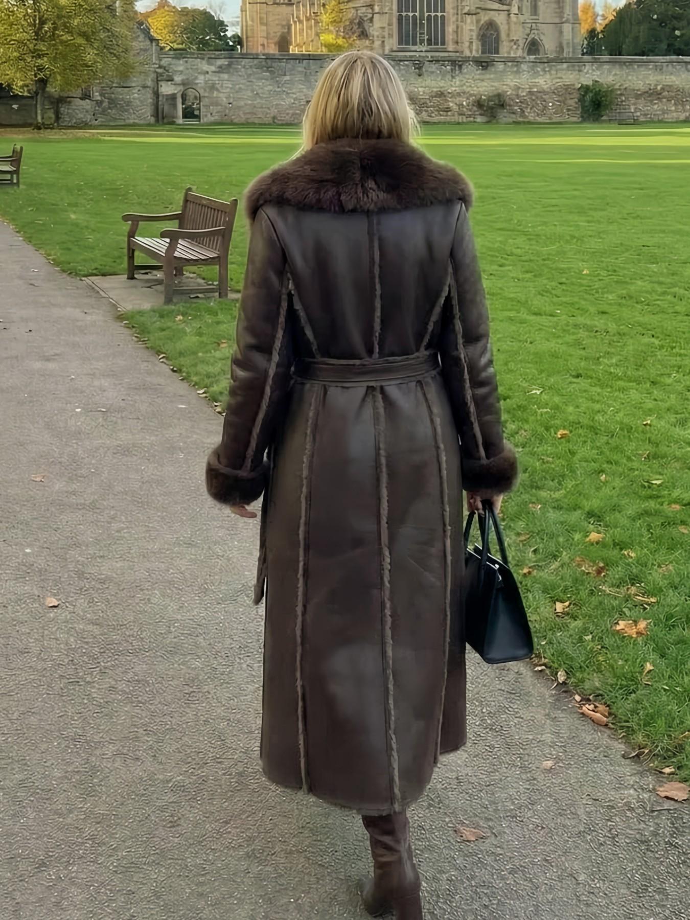 Women's Winter Fashion Fake Fur Coat, Long Sleeve Loose Fit Medium-Length Jacket, Vintage Style Artificial Leather Outerwear