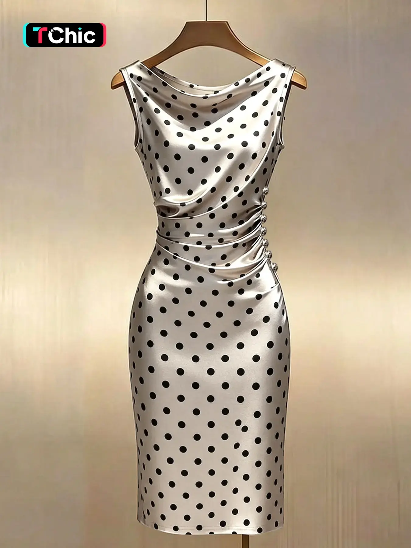 Polka Dot Sleeveless Bodycon Dress, Fitted Bodycon Style, Lightweight Luxury Office Dress, Vintage Satin High-End Look, Elegant Chic Office Style