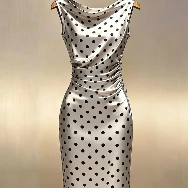 Polka Dot Sleeveless Bodycon Dress, Fitted Bodycon Style, Lightweight Luxury Office Dress, Vintage Satin High-End Look, Elegant Chic Office Style