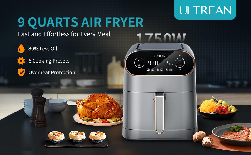 Air Fryer, 9 Quart 6-in-1 Electric Hot XL Airfryer Oven Oilless Cooker, Large Family Size LCD Touch Control Panel and Nonstick Basket, ETL Certified, 1750W