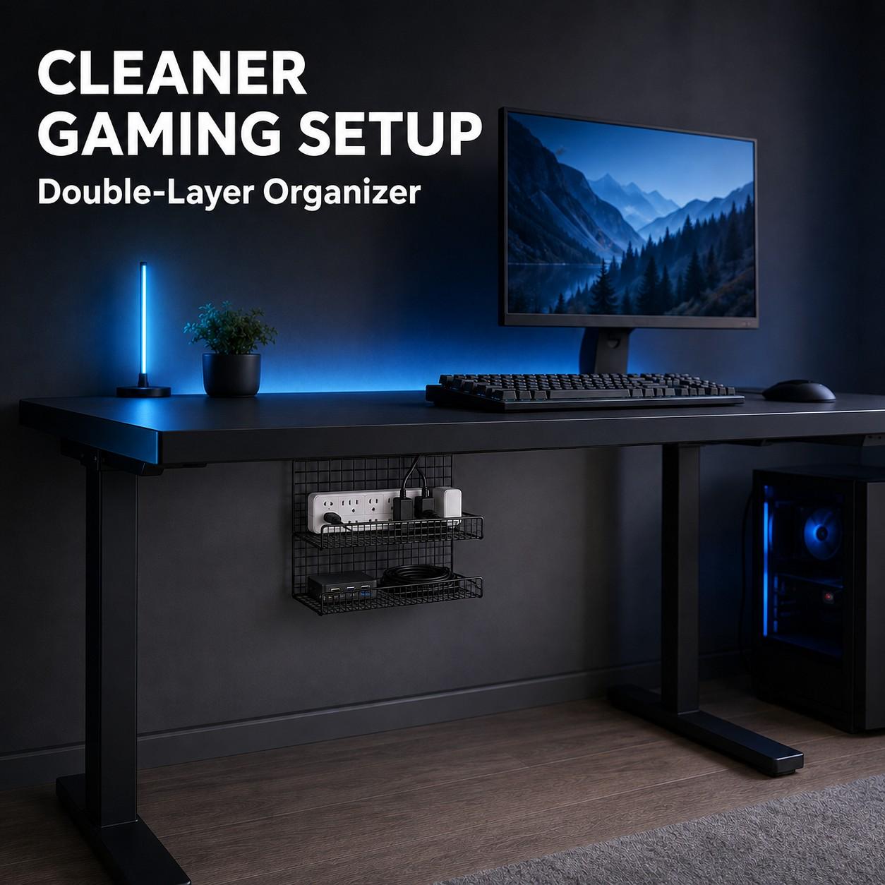Wall-Mounted Desktop Cable Organizer, No Drilling Installation, Power Outlet & Adapter Holder, Metal, Home Office, Gaming Desk