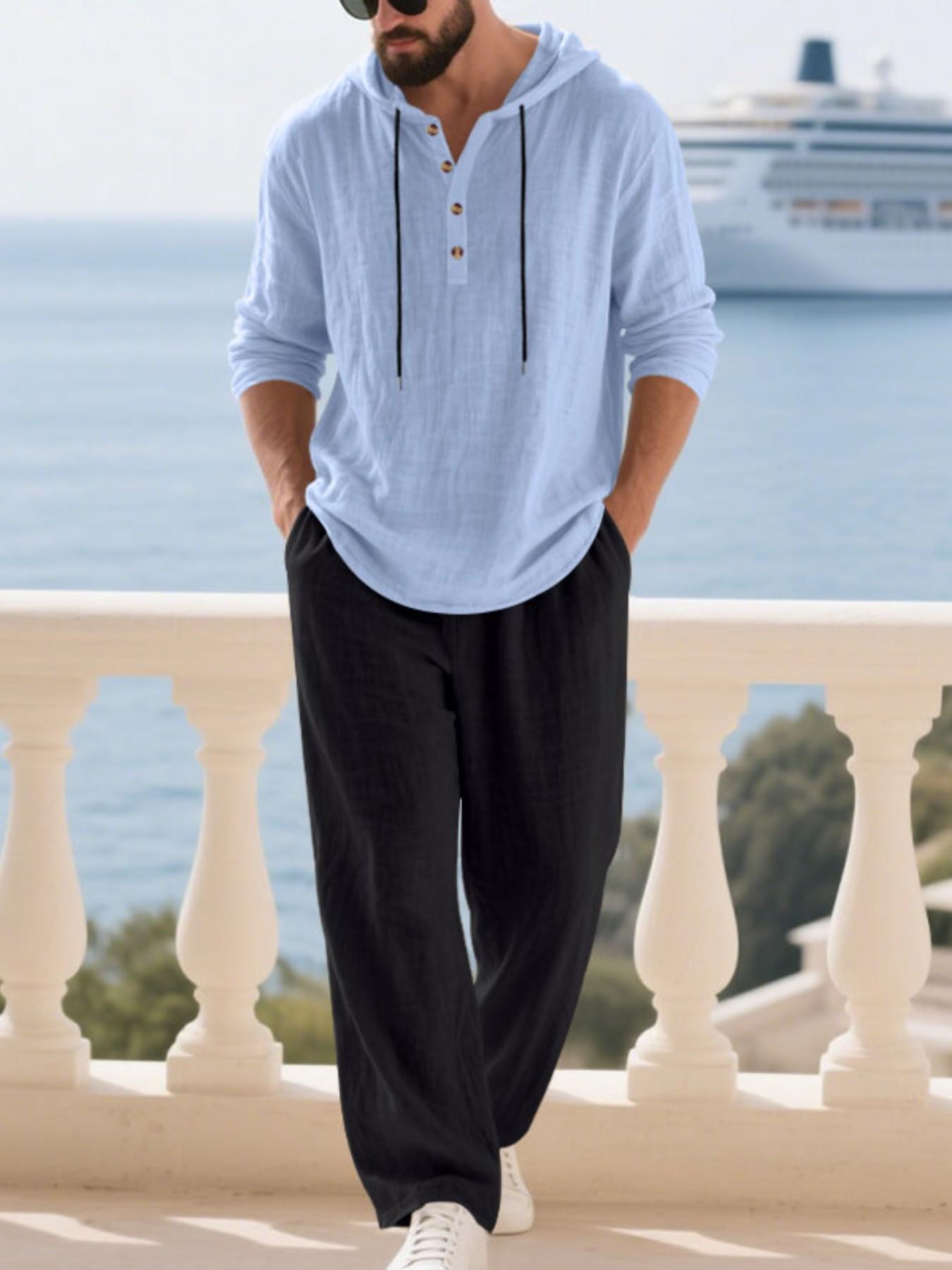 Men's Linen Set Spring Summer 2026, Beach Vacation Casual Style, Lightweight Breathable Hooded Shirt and Straight Leg Pants Two-Piece