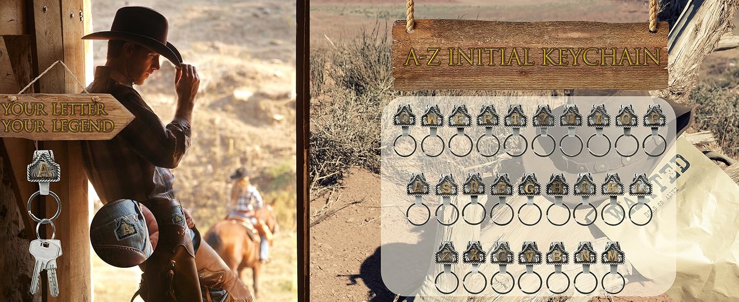 XZYLY Vintage Western Cowboy Letter Keychain,Handmade Metal A-Z Initial Key Chain Clip,Personality key holder for Pocket&Bag