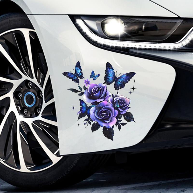 1pc Dark Rose & Butterfly Car Decorative Sticker, Glossy Self-Adhesive Vinyl, Durable Plant Floral Theme, Easy Installation, Best Gift