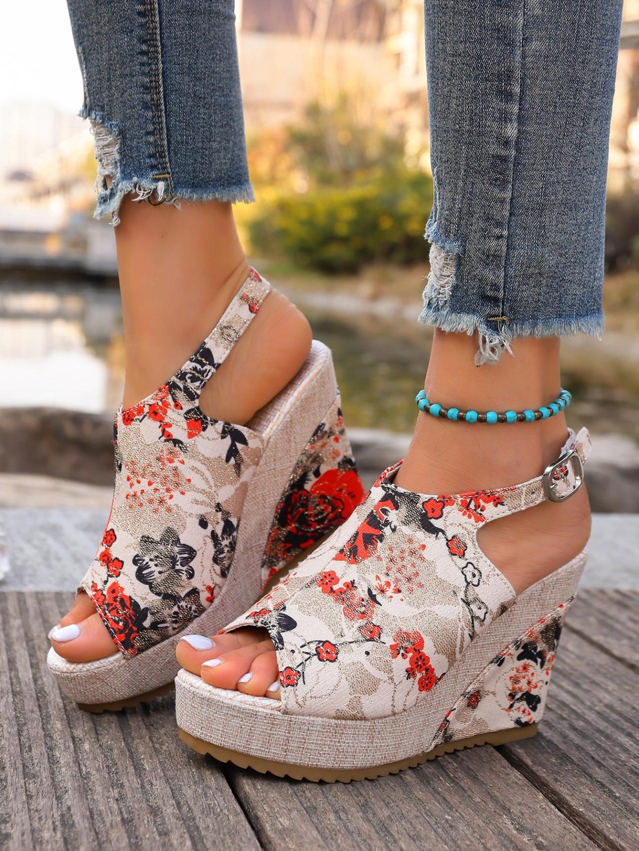 Women's Chinese Style Plum Blossom Printed Wedge Sandals, Summer Retro Platform Elevated Buckle Open-Toe Vacation Roman Shoes